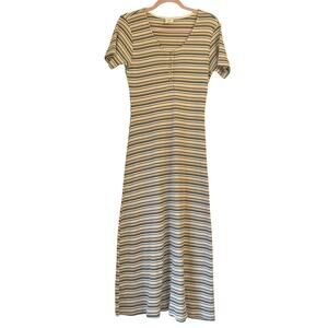 Vintage Old Navy Jersey Ribbed Maxi Dress Large Yellow Green Stripes 90s Stretch